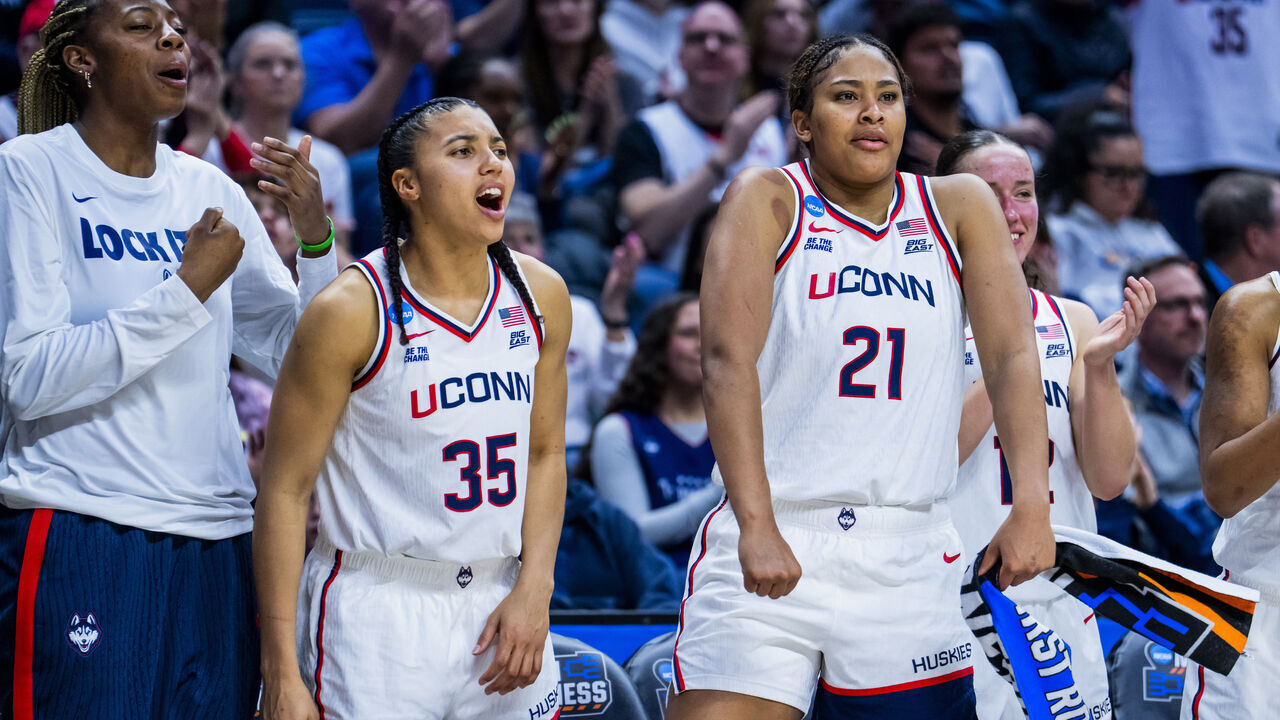 STORRS, CONNECTICUT - MARCH 21: Azzi Fudd #35 and Sarah Strong #21 of the Connecticut Huskies react during the second half against the UTSA Roadrunners in the first round of the 2026 NCAA Women's Basketball Tournament at Harry A. Gampel Pavilion on March 21, 2026 in Storrs, Connecticut.