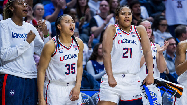 STORRS, CONNECTICUT - MARCH 21: Azzi Fudd #35 and Sarah Strong #21 of the Connecticut Huskies react during the second half against the UTSA Roadrunners in the first round of the 2026 NCAA Women's Basketball Tournament at Harry A. Gampel Pavilion on March 21, 2026 in Storrs, Connecticut.