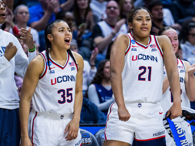 STORRS, CONNECTICUT - MARCH 21: Azzi Fudd #35 and Sarah Strong #21 of the Connecticut Huskies react during the second half against the UTSA Roadrunners in the first round of the 2026 NCAA Women's Basketball Tournament at Harry A. Gampel Pavilion on March 21, 2026 in Storrs, Connecticut.