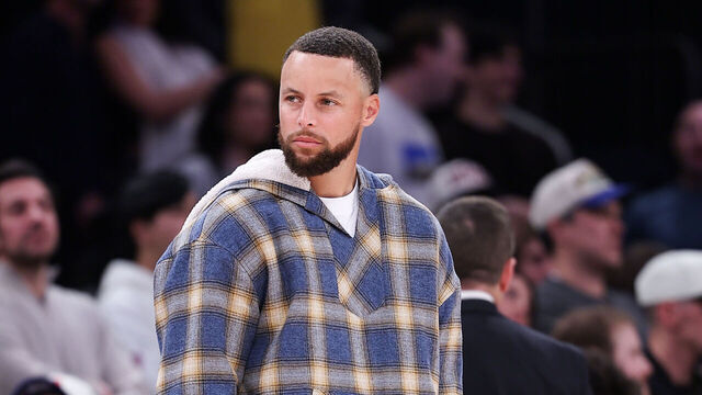 NEW YORK, NEW YORK - MARCH 15: Stephen Curry #30 of the Golden State Warriors looks on during a break in the action in the fourth quarter of the game against the New York Knicks at Madison Square Garden on March 15, 2026 in New York City.