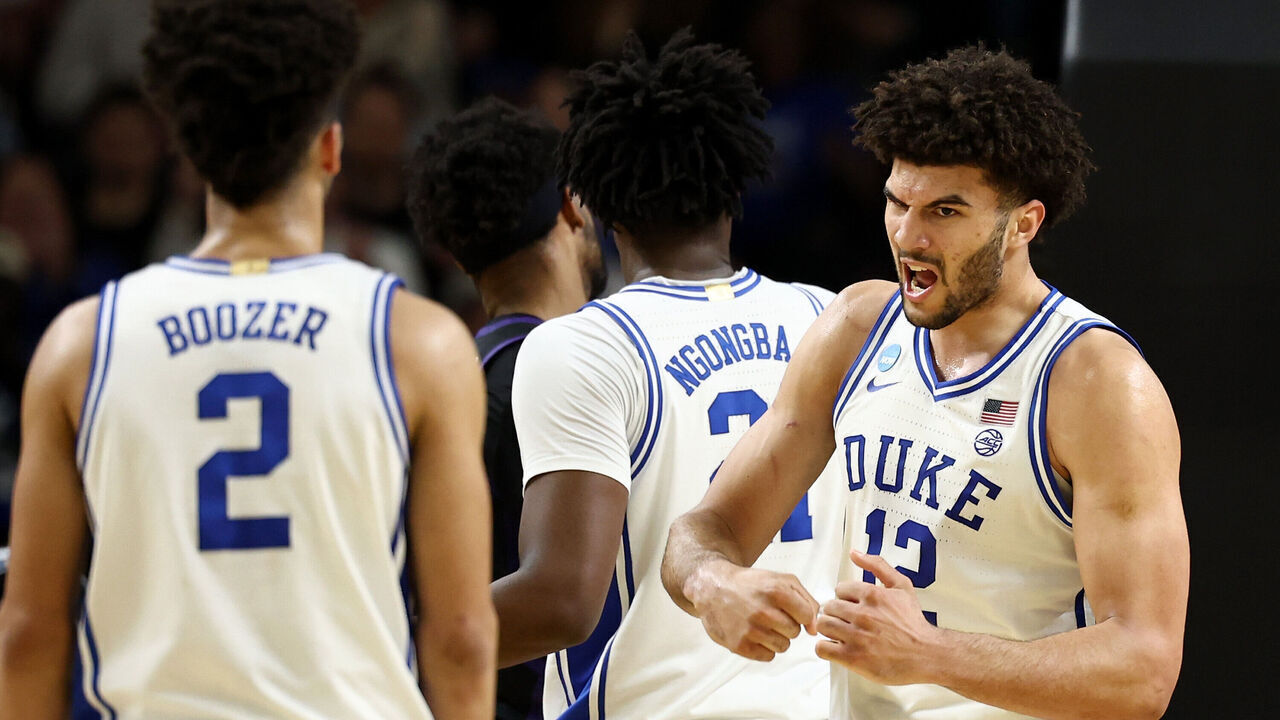 GREENVILLE, SOUTH CAROLINA - MARCH 21: Cameron Boozer #12 of the Duke Blue Devils reacts during the second half against the Texas Christian University Horned Frogs in the second round of the 2026 NCAA Men's Basketball Tournament at Bon Secours Wellness Arena on March 21, 2026 in Greenville, South Carolina.