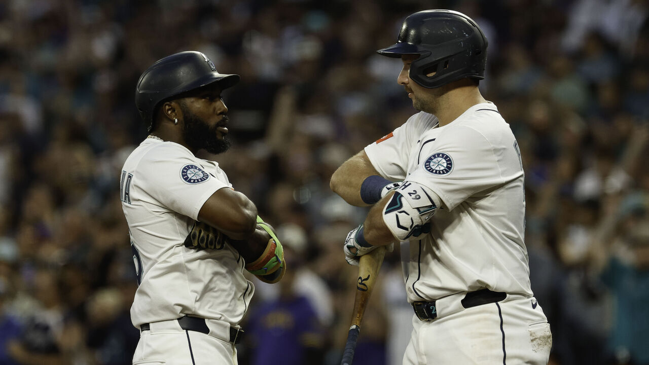 SEATTLE, WASHINGTON - SEPTEMBER 09: Randy Arozarena #56 of the Seattle Mariners celebrates with Cal Raleigh #29 after hitting a three-run home run during the third inning against the St. Louis Cardinals at T-Mobile Park on September 09, 2025 in Seattle, Washington.