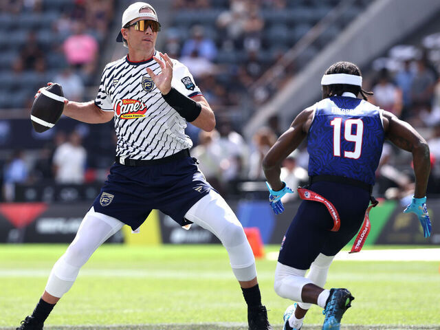 LOS ANGELES, CALIFORNIA - MARCH 21: Tom Brady #12 of the Founders FFC looks to pass during the Fanatics Flag Football Classic at BMO Stadium on March 21, 2026 in Los Angeles, California.