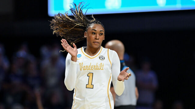 NASHVILLE, TENNESSEE - MARCH 21: Mikayla Blakes #1 of the Vanderbilt Commodores reacts to a play against the High Point Panthers in the first half during a first-round game of the 2026 NCAA Women's Basketball Tournament at Memorial Gym on March 21, 2026 in Nashville, Tennessee.