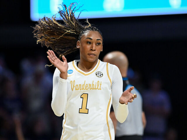 NASHVILLE, TENNESSEE - MARCH 21: Mikayla Blakes #1 of the Vanderbilt Commodores reacts to a play against the High Point Panthers in the first half during a first-round game of the 2026 NCAA Women's Basketball Tournament at Memorial Gym on March 21, 2026 in Nashville, Tennessee.