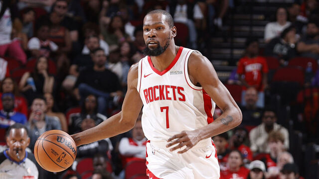 HOUSTON, TX - MARCH 21: Kevin Durant #7 of the Houston Rockets dribbles the ball during the game against the Miami Heat on March 21, 2026 at the Toyota Center in Houston, Texas. Mandatory Copyright Notice: Copyright 2026 NBAE