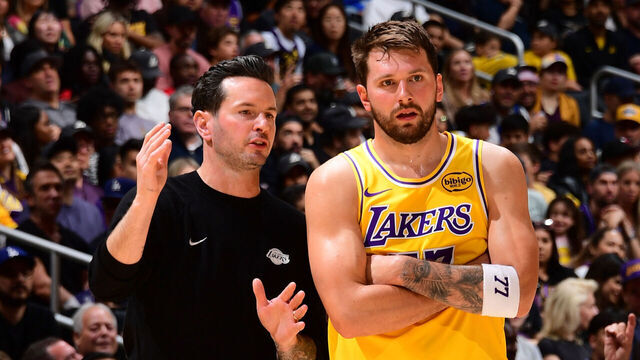 LOS ANGELES, CA - MARCH 12: Luka Doncic #77 and Head Coach JJ Redick of the Los Angeles Lakers talk during the game against the Chicago Bulls on March 12, 2026 at Crypto.Com Arena in Los Angeles, California. NOTE TO USER: User expressly acknowledges and agrees that, by downloading and/or using this Photograph, user is consenting to the terms and conditions of the Getty Images License Agreement. Mandatory Copyright Notice: Copyright 2026 NBAE