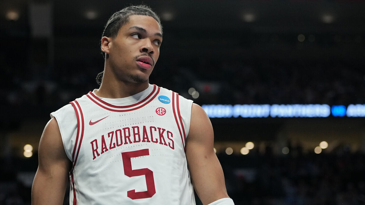 PORTLAND, OREGON - MARCH 21: Darius Acuff Jr. #5 of the Arkansas Razorbacks looks on against the High Point Panthers during the second half in the second round of the 2026 NCAA Men's Basketball Tournament at Moda Center on March 21, 2026 in Portland, Oregon.