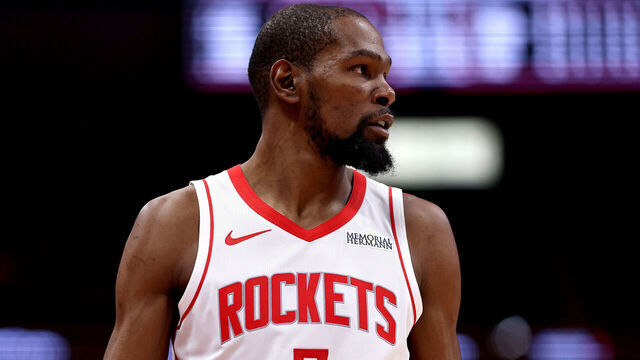 HOUSTON, TEXAS - MARCH 21: Kevin Durant #7 of the Houston Rockets looks on during the game between the Miami Heat and the Houston Rockets at Toyota Center on March 21, 2026 in Houston, Texas.