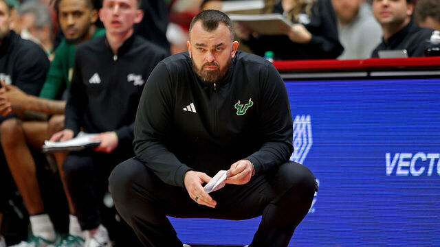 TUSCALOOSA, ALABAMA - DECEMBER 17: Head coach Bryan Hodgson of the South Florida Bulls looks on against the Alabama Crimson Tide at Coleman Coliseum on December 17, 2025 in Tuscaloosa, Alabama.