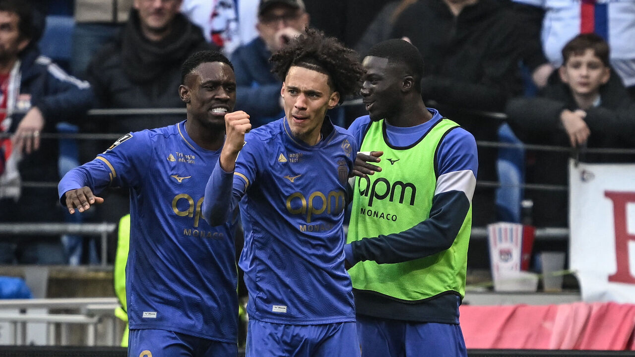 Monaco's French midfielder #11 Maghnes Akliouche (2ndL) celebrates with his teamates after scoring a goal during the French L1 football match between Olympique Lyonnais (OL) and AS Monaco (ASM) at the Groupama Stadium in Decines-Charpieu, central-eastern France on March 22, 2026.