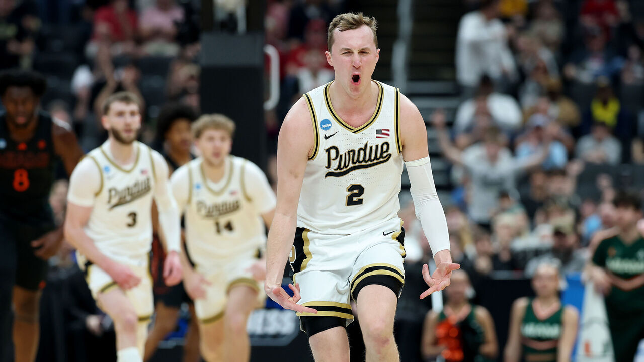 ST LOUIS, MISSOURI - MARCH 22: Fletcher Loyer #2 of the Purdue Boilermakers celebrates a three point basket against the Miami Hurricanes during the first half in the second round of the 2026 NCAA Men's Basketball Tournament at Enterprise Center on March 22, 2026 in St Louis, Missouri.