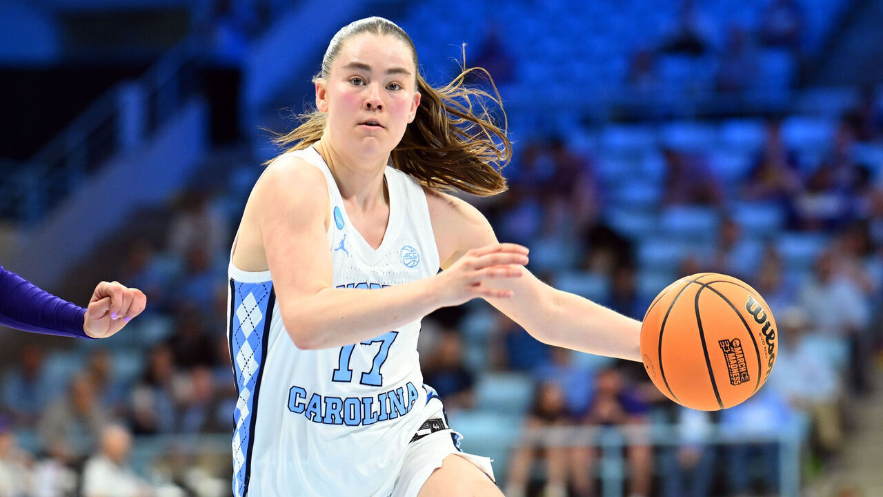 CHAPEL HILL, NORTH CAROLINA - MARCH 20: Elina Aarnisalo #17 of the North Carolina Tar Heels drives against Mallory Shetley #10 of the Western Illinois Leathernecks during a first round game of the 2026 NCAA Women's Basketball Tournament held at Carmichael Arena on March 20, 2026 in Chapel Hill, North Carolina.