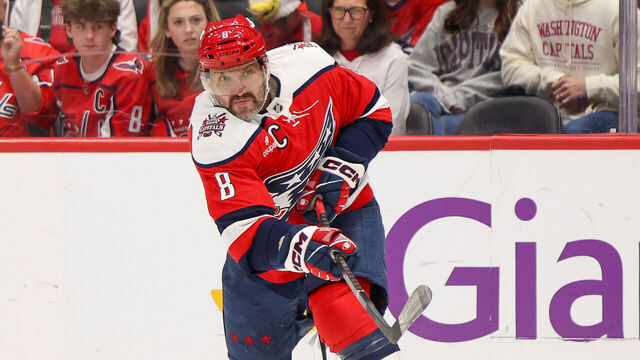 WASHINGTON, DC - MARCH 22: Alex Ovechkin #8 of the Washington Capitals takes a shot on goal during a game against the Colorado Avalanche at Capital One Arena on March 22, 2026 in Washington, D.C.