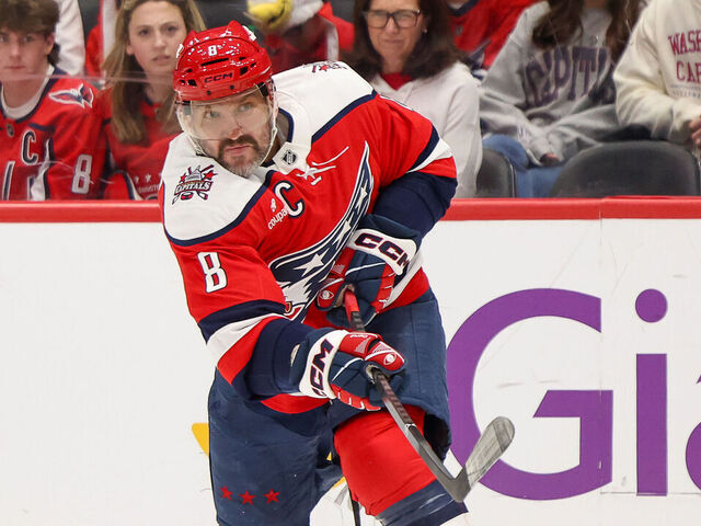 WASHINGTON, DC - MARCH 22: Alex Ovechkin #8 of the Washington Capitals takes a shot on goal during a game against the Colorado Avalanche at Capital One Arena on March 22, 2026 in Washington, D.C.