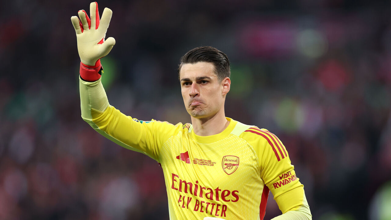 LONDON, ENGLAND - MARCH 22: Kepa Arrizabalaga of Arsenal reacts during the Carabao Cup Final match between Arsenal and Manchester City at Wembley Stadium on March 22, 2026 in London, England.