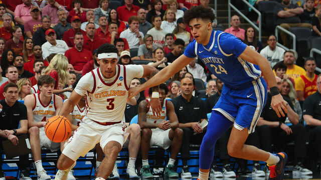 ST LOUIS, MISSOURI - MARCH 22: Malachi Moreno #24 of the Kentucky Wildcats defends against Tamin Lipsey #3 of the Iowa State Cyclones in the second half during the second round of the 2026 NCAA Men's Basketball Tournament held at Enterprise Center on March 22, 2026 in St Louis, Missouri.