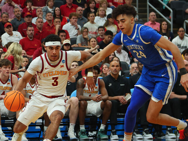 ST LOUIS, MISSOURI - MARCH 22: Malachi Moreno #24 of the Kentucky Wildcats defends against Tamin Lipsey #3 of the Iowa State Cyclones in the second half during the second round of the 2026 NCAA Men's Basketball Tournament held at Enterprise Center on March 22, 2026 in St Louis, Missouri.