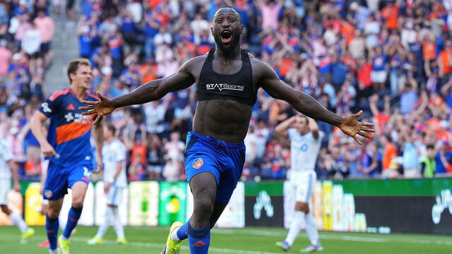CINCINNATI, OHIO - MARCH 22: Kévin Denkey #9 of FC Cincinnati reacts after scoring the team's fourth goal during the second half of an MLS soccer match against CF Montréal at TQL Stadium on March 22, 2026 in Cincinnati, Ohio.