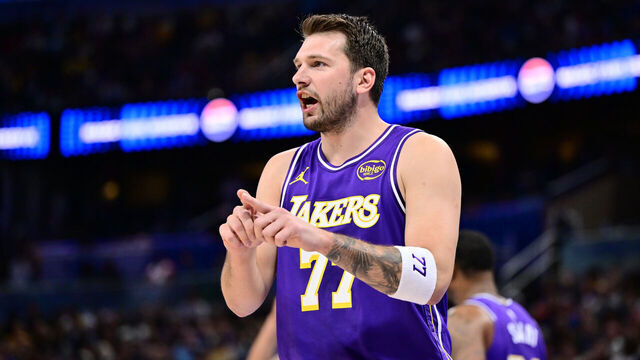 ORLANDO, FLORIDA - MARCH 21: Luka Doncic #77 of the Los Angeles Lakers reacts against the Orlando Magic at Kia Center on March 21, 2026 in Orlando, Florida.