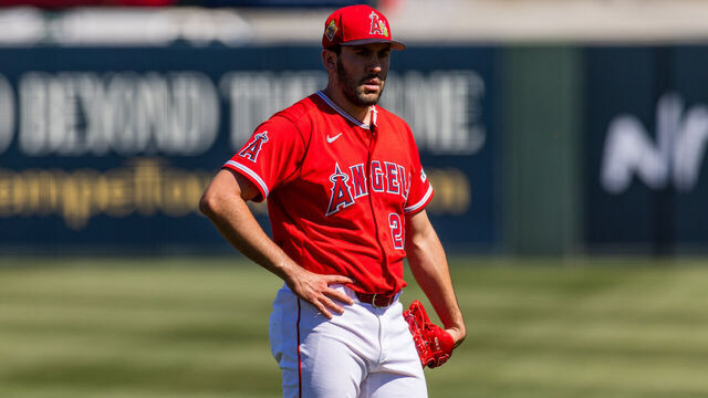 TEMPE, ARIZONA - MARCH 13: Grayson Rodriguez #21 of the Los Angeles Angels stands on the field during the Spring Training game against the Cleveland Guardians at Tempe Diablo Stadium on March 13, 2026 in Tempe, Arizona.