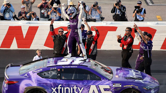 DARLINGTON, SOUTH CAROLINA - MARCH 22: Tyler Reddick, driver of the #45 Xfinity Toyota, celebrates after winning the NASCAR Cup Series Goodyear 400 at Darlington Raceway on March 22, 2026 in Darlington, South Carolina.