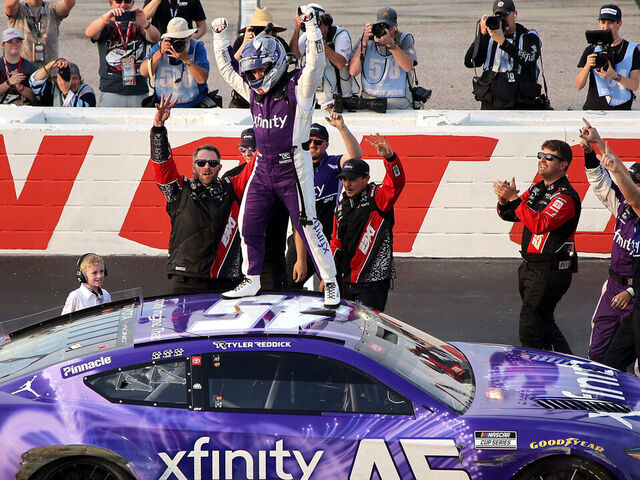 DARLINGTON, SOUTH CAROLINA - MARCH 22: Tyler Reddick, driver of the #45 Xfinity Toyota, celebrates after winning the NASCAR Cup Series Goodyear 400 at Darlington Raceway on March 22, 2026 in Darlington, South Carolina.