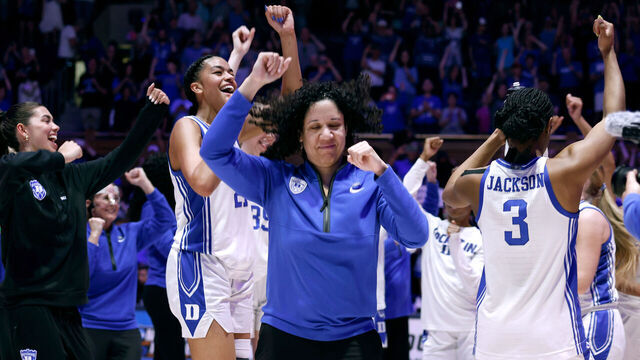DURHAM, NORTH CAROLINA - MARCH 22: Head coach Kara Lawson of the Duke Blue Devils celebrates with her team following their 69-46 win against the Baylor Bears during a second round game of the 2026 NCAA Women's Basketball Tournament at Cameron Indoor Stadium on March 22, 2026 in Durham, North Carolina.