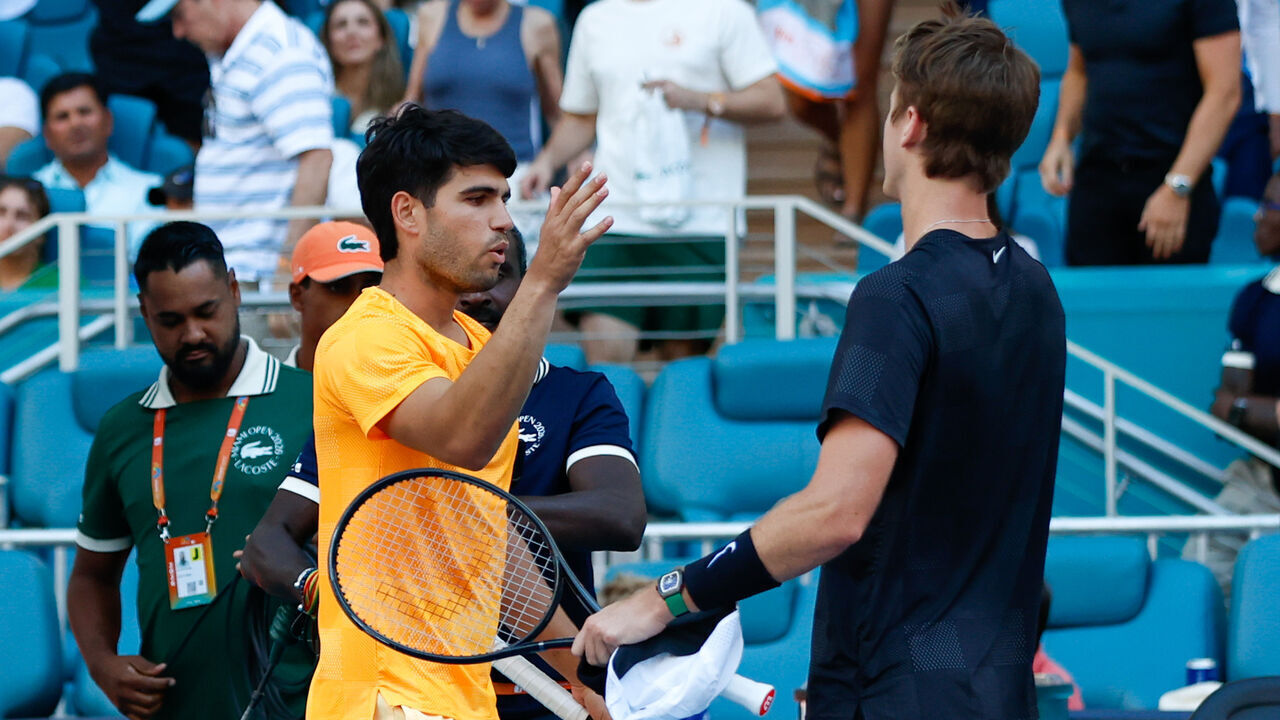 MIAMI GARDENS, FL - MARCH 22: Sebastian Korda (USA) shakes hands after his men's third round singles match with Carlos Alcaraz (ESP) at the Miami Open on March 22, 2026, at Hard Rock Stadium in Miami Gardens, Florida,