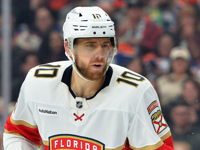 EDMONTON, CANADA - MARCH 19: A.J. Greer #10 of the Florida Panthers in action during the game against the Edmonton Oilers at Rogers Place on March 19, 2026, in Edmonton, Alberta, Canada.