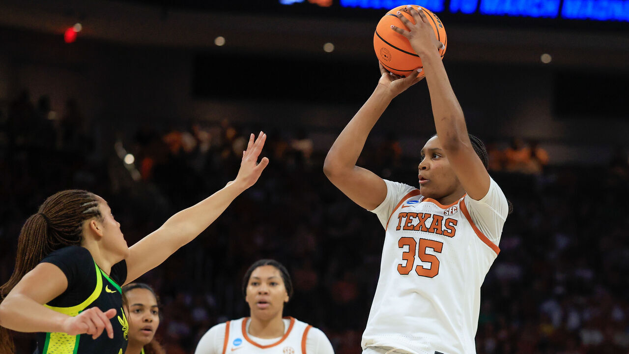 AUSTIN, TX - MARCH 22: Texas Longhorns forward Madison Booker (35) takes a shot over Oregon Ducks guard Sofia Bell (3) during the NCAA Women's Championship second round game on March 22, 2026, at the Moody Center in Austin, TX.