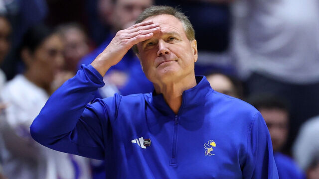 SAN DIEGO, CALIFORNIA - MARCH 22: Head coach Bill Self of the Kansas Jayhawks looks on during the second half against the St. John's Red Storm in the second round of the 2026 NCAA Men's Basketball Tournament at Viejas Arena at San Diego State University on March 22, 2026 in San Diego, California.