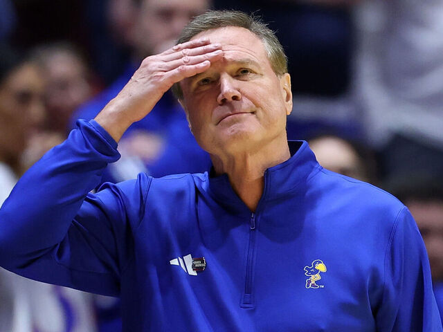 SAN DIEGO, CALIFORNIA - MARCH 22: Head coach Bill Self of the Kansas Jayhawks looks on during the second half against the St. John's Red Storm in the second round of the 2026 NCAA Men's Basketball Tournament at Viejas Arena at San Diego State University on March 22, 2026 in San Diego, California.