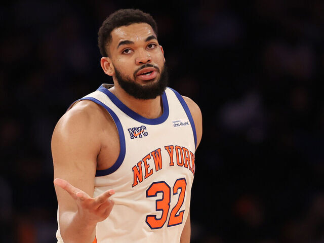 NEW YORK, NEW YORK - MARCH 22: Karl-Anthony Towns #32 of the New York Knicks reacts after scoring a three point basket during the third quarter against the Washington Wizardsat Madison Square Garden on March 22, 2026 in New York City.