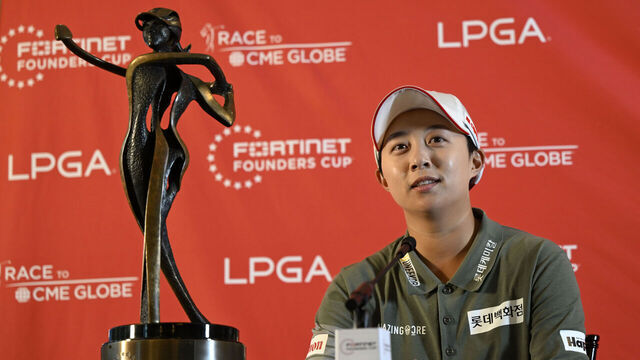 MENLO PARK, CALIFORNIA - MARCH 22: Hyo Joo Kim of Korea poses with the trophy as she speaks to the media during a press conference after her winning putt during the final round of the Fortinet Founders Cup 2026 at Sharon Heights Golf and Country Club on March 22, 2026 in Menlo Park, California.