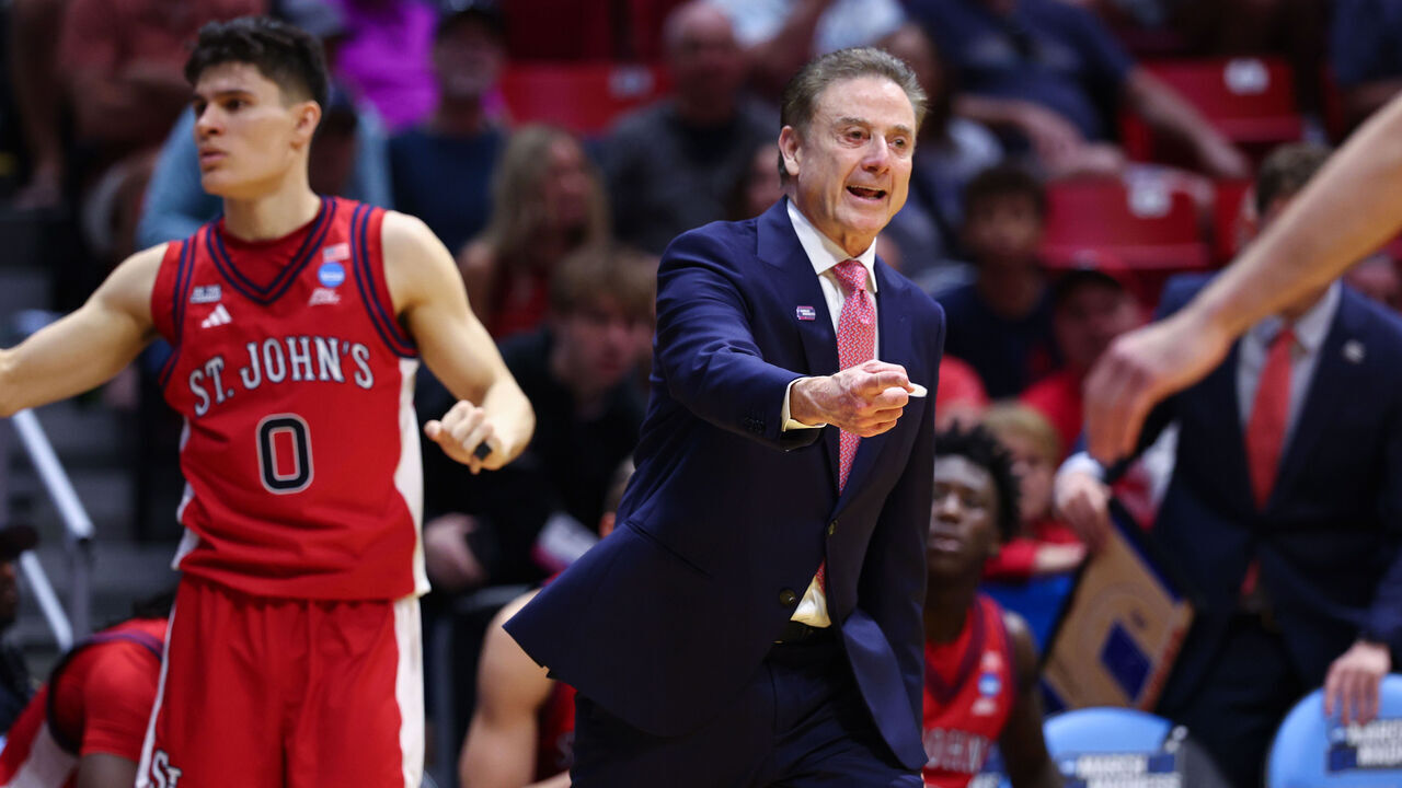 SAN DIEGO, CALIFORNIA - MARCH 22: Head coach Rick Pitino of the St. John's Red Storm looks on against the Kansas Jayhawks during the second round of the 2026 NCAA Men's Basketball Tournament held at Viejas Arena at San Diego State University on March 22, 2026 in San Diego, California.