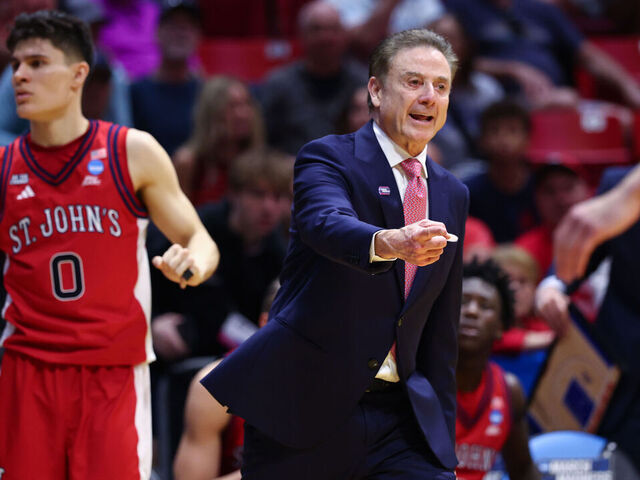 SAN DIEGO, CALIFORNIA - MARCH 22: Head coach Rick Pitino of the St. John's Red Storm looks on against the Kansas Jayhawks during the second round of the 2026 NCAA Men's Basketball Tournament held at Viejas Arena at San Diego State University on March 22, 2026 in San Diego, California.