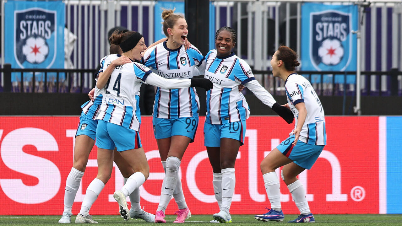 EVANSTON, ILLINOIS - MARCH 22: Jordyn Huitema #99 of Chicago Stars FC celebrates with teammates after scoring the team's second goal during the NWSL match between Chicago Stars FC and Kansas City Current at Martin Stadium on March 22, 2026 in Evanston, Illinois.