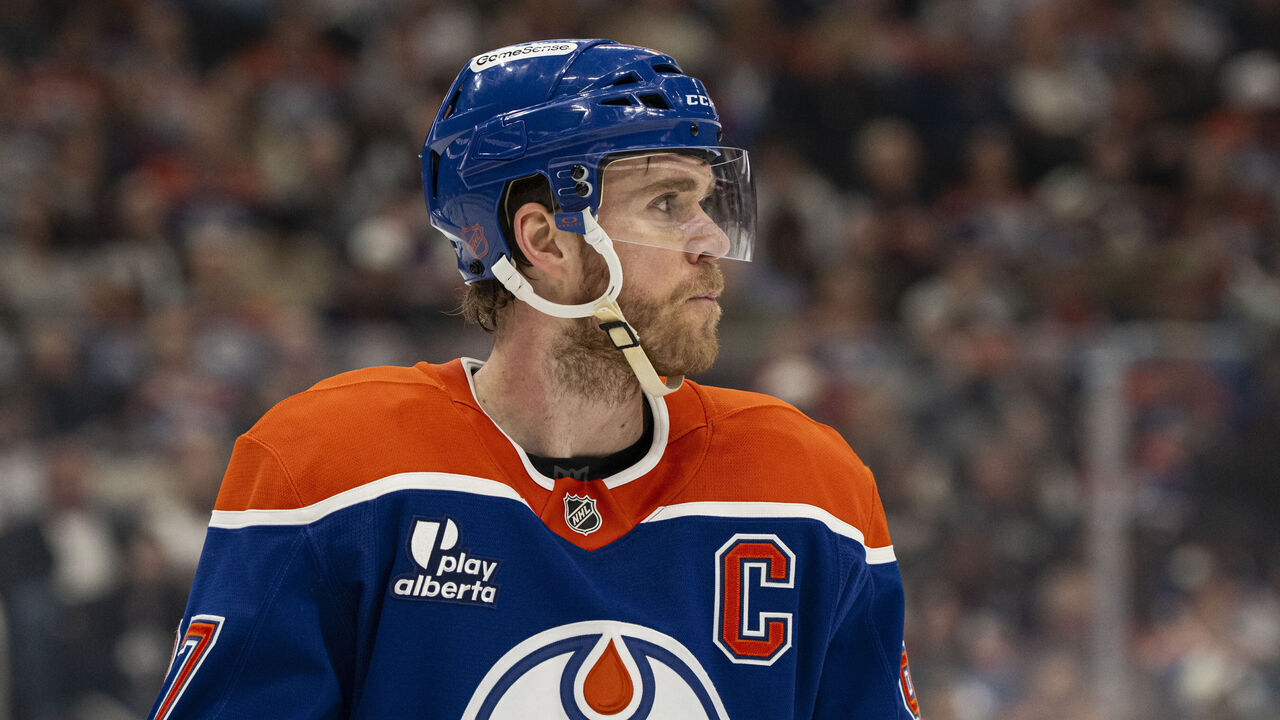 EDMONTON, ALBERTA - MARCH 21: Connor McDavid #97 of the Edmonton Oilers looks on during the first period against the Tampa Bay Lightning at Rogers Place on March 21, 2026 in Edmonton, Alberta, Canada.