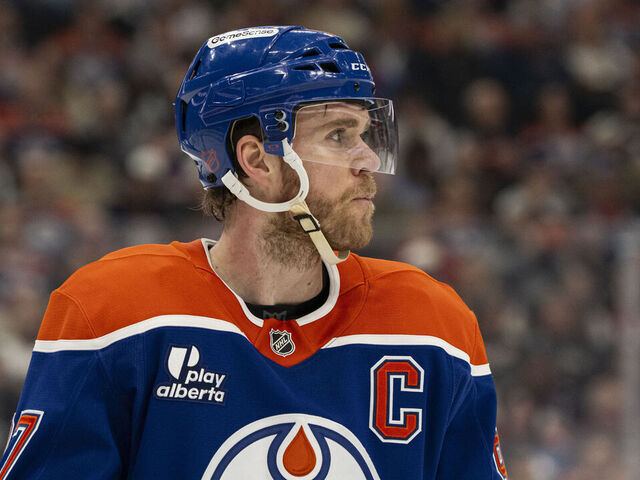 EDMONTON, ALBERTA - MARCH 21: Connor McDavid #97 of the Edmonton Oilers looks on during the first period against the Tampa Bay Lightning at Rogers Place on March 21, 2026 in Edmonton, Alberta, Canada.
