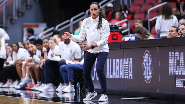 LOUISVILLE, KENTUCKY - MARCH 21: Tammi Reiss of the Rhode Island Rams yells towards her team in the third quarter of a game against the Alabama Crimson Tide during a first round game of the 2026 NCAA Women's Basketball Tournament held at KFC YUM! Center on March 21, 2026 in Louisville, Kentucky.