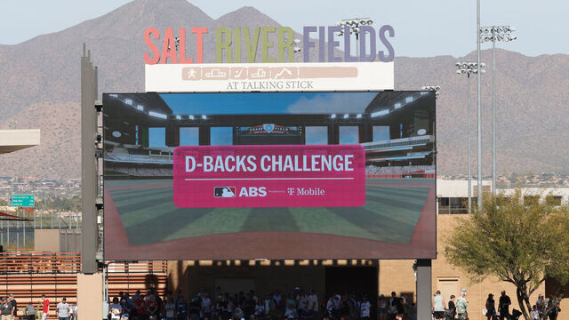 SCOTTSDALE, ARIZONA - FEBRUARY 25: The ABS challenge screen is seen on the scoreboard during a spring training game between the Los Angeles Dodgers and the Arizona Diamondbacks at Salt River Fields at Talking Stick on February 25, 2026 in Scottsdale, Arizona.