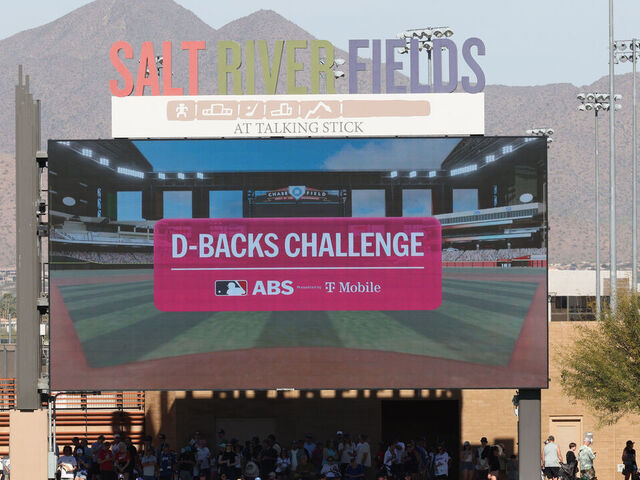 SCOTTSDALE, ARIZONA - FEBRUARY 25: The ABS challenge screen is seen on the scoreboard during a spring training game between the Los Angeles Dodgers and the Arizona Diamondbacks at Salt River Fields at Talking Stick on February 25, 2026 in Scottsdale, Arizona.