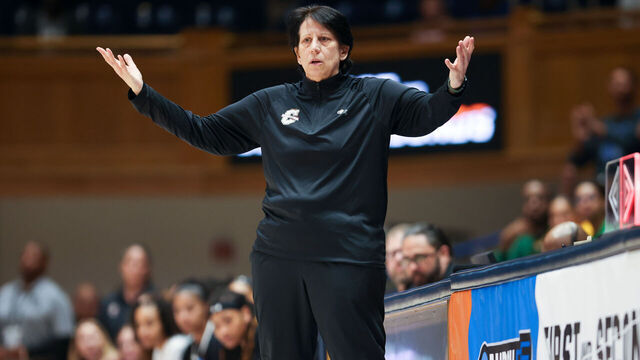 DURHAM, NC - MARCH 20: Head Coach Robin Harmony of the College of Charleston Cougars reacts during the first round of the NCAA Tournament between the Duke Blue Devils and the College of Charleston Cougars on March 20, 2026 at Cameron Indoor Stadium in Raleigh, NC.