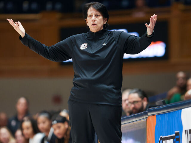 DURHAM, NC - MARCH 20: Head Coach Robin Harmony of the College of Charleston Cougars reacts during the first round of the NCAA Tournament between the Duke Blue Devils and the College of Charleston Cougars on March 20, 2026 at Cameron Indoor Stadium in Raleigh, NC.