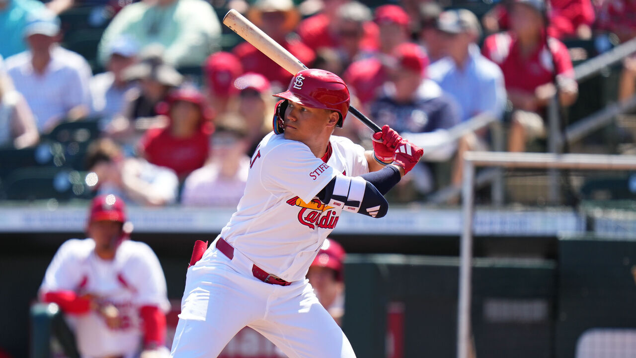 JUPITER, FLORIDA - MARCH 09: JJ Wetherholt #77 of the St. Louis Cardinals at bat during a spring training game against the Baltimore Orioles at Roger Dean Stadium on March 09, 2026 in Jupiter, Florida.