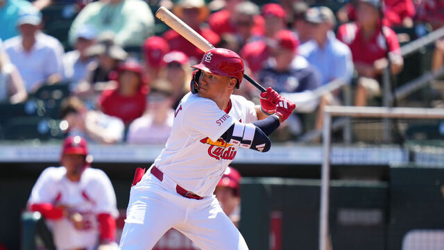 JUPITER, FLORIDA - MARCH 09: JJ Wetherholt #77 of the St. Louis Cardinals at bat during a spring training game against the Baltimore Orioles at Roger Dean Stadium on March 09, 2026 in Jupiter, Florida.