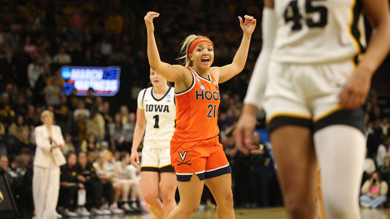 IOWA CITY, IOWA - MARCH 23: Kymora Johnson #21 of the Virginia Cavaliers celebrates as Virginia beats the Iowa Hawkeyes in two overtime periods during a second round game of the 2026 NCAA Women's Basketball Tournament held at Carver-Hawkeye Arena on March 23, 2026 in Iowa City, Iowa.