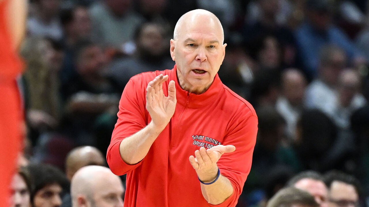 CLEVELAND, OHIO - MARCH 23: Head coach Randy Bennett of the St. Mary's Gaels yells to players during the second half in the second round of the NCAA Men's Basketball Tournament against the Alabama Crimson Tide at Rocket Arena on March 23, 2025 in Cleveland, Ohio.