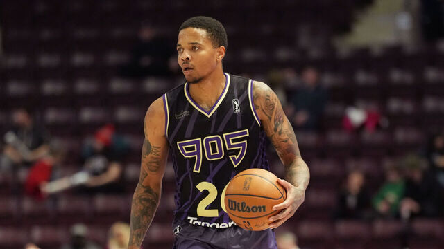 MISSISSAUGA, ON - MARCH 8: Markelle Fultz #26 of the Raptors 905 dribbles the ball during the game against the Delaware Blue Coats on March 8, 2026 at Paramount Fine Foods Centre in Mississauga, Ontario. Mandatory Copyright Notice: Copyright 2026 NBAE